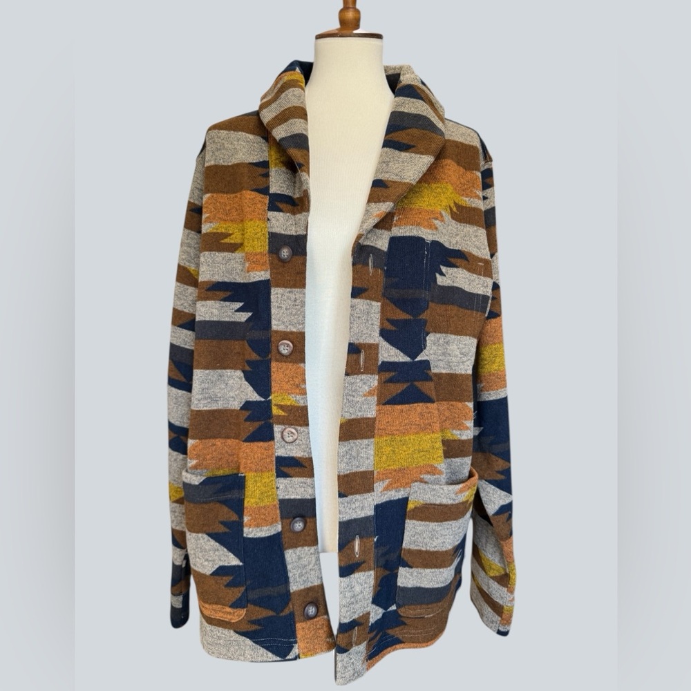 Junk Food Clothing Geometric Shawl Collar Coatigan - Brown Navy Mustard #216